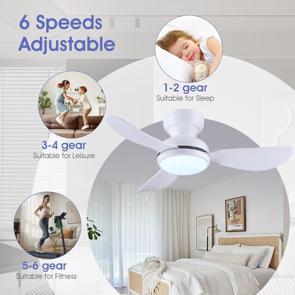 Ceiling fan with lamp 70 cm, 3 white ABS blades, remote control, 6 speeds, low profile and dimmable LED lighting White 70cm