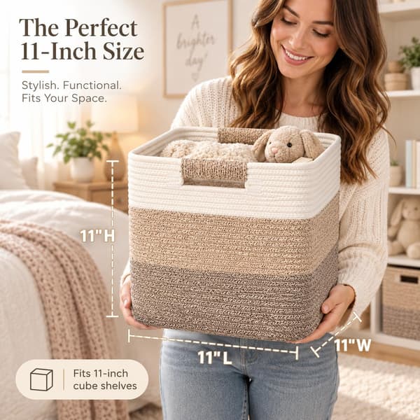 Cube Basket 27cm Cotton Rope – Handles, Brown Ombre color 3 1 Pack