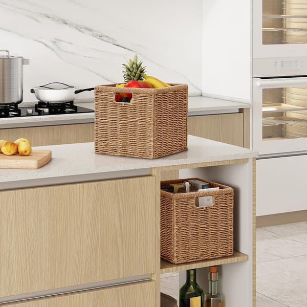 Foldable Woven Rattan Storage Baskets, Practical Home Storage for Clothes and Small Items Camel 24x24x24cm
