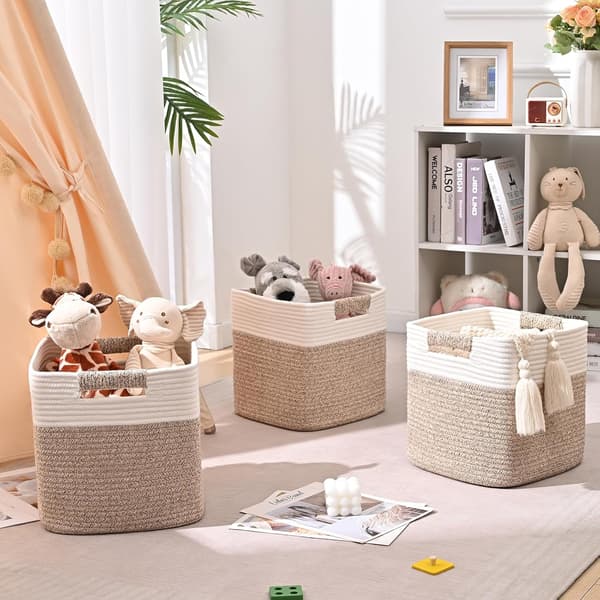Cube Basket 27cm Cotton Rope – Handles, White and Brown color 2 1 Pack
