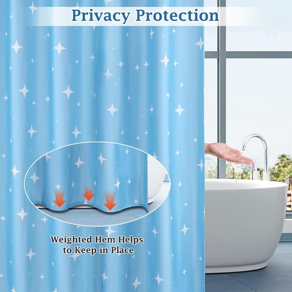 Stjerne Bruseforhæng 180x200 Vandtæt - Polyester 12 Kroge Maskinvaskbart Blue