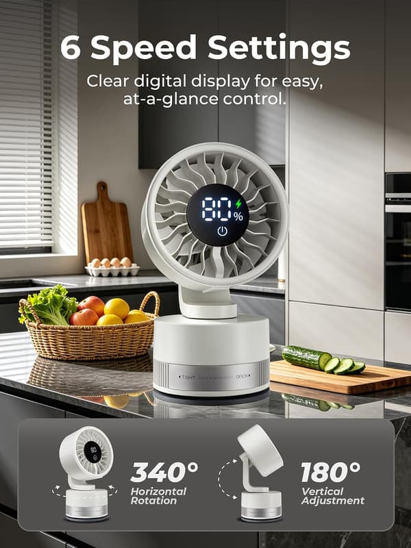 Stille USB-køleventilator, skrivebordsventilator med sugekopmontering, digitalt display og 6 justerbare hastighedsindstillinger White