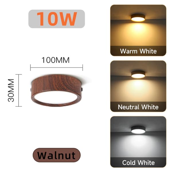 2-pakning LED-taklamper, 10W rund overflatemontering, 3 fargetemperaturer, ultratynn, valnøttfarge 10W