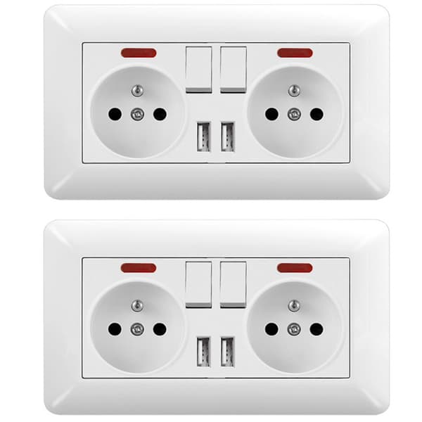 1/2 pcs Double Wall Socket 16A – LED & 2 USB Ports, Flush Mounted 240V, Home and Office 2pcs