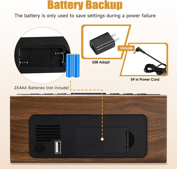 Wooden Digital Alarm Clock for Bedside Table – USB Port, Adjustable Volume, Amber Digits, DST Support, Brown Yellow