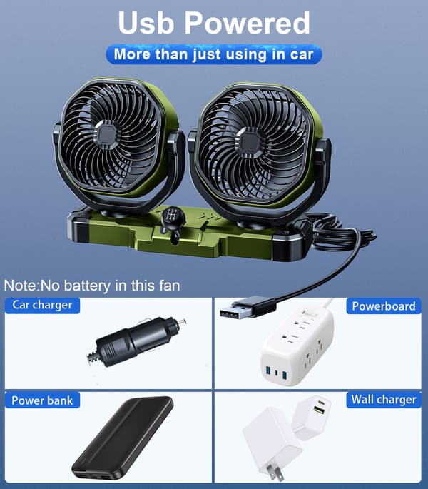 24V USB Dobbelt Hoved Bilventilator - Instrumentbræt Cigarettænder Luftkøler til Lastbil Autocamper SUV 24V