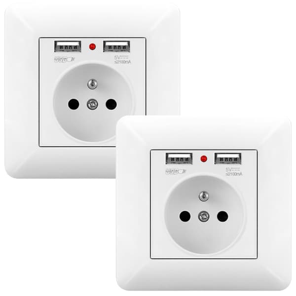 1/2/4 pcs Wall Socket 16A with Dual USB & LED – Flush Mounted 240V, French Standard, White 2pcs