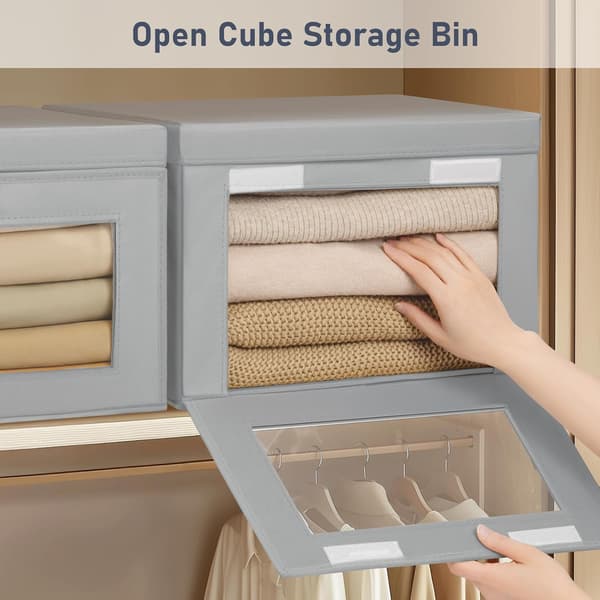 Fabric Storage Boxes with Lids 4/6 pcs, 42×30×28 cm, with Handles and Window for Home Beige 4 Pack