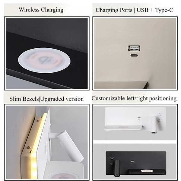 LED-vegglampe til soverom med trådløs lader, USB-port, hylle og leselys, multifunksjonell sengelampe White Left