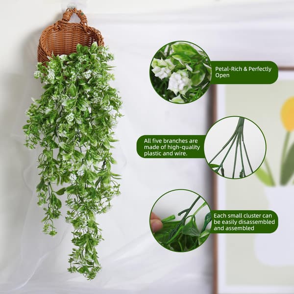 2-pak kunstige hængeplanter, hvide blomster og eukalyptusløv, UV-bestandig White