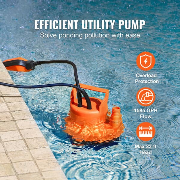 1585 GPH dränkbar vattenpump - Högflödespump med 3 meter strömkabel för dränering av källare och pooler S1