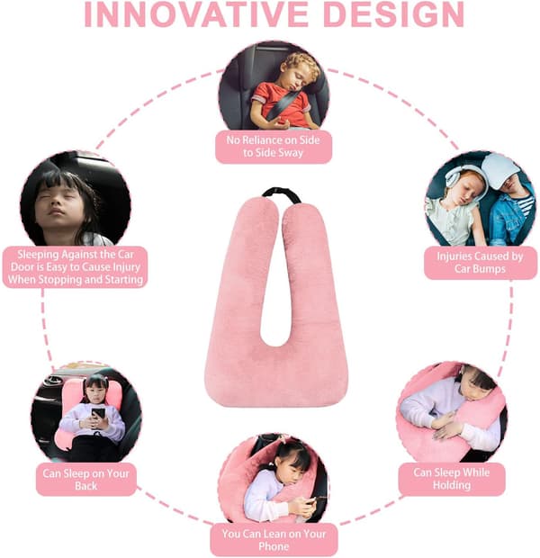 U-formad nackkudde för barn - Ergonomiskt resehuvudstöd bil flygplan - Rosa Pink