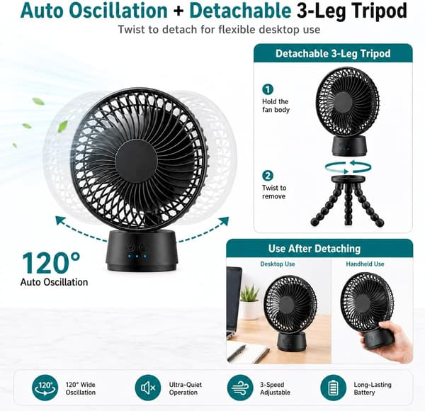 USB Genopladelig Blæksprutteventilator, 10000mAh Bærbar Ventilator med Fleksibelt Stativ og LED Natlys