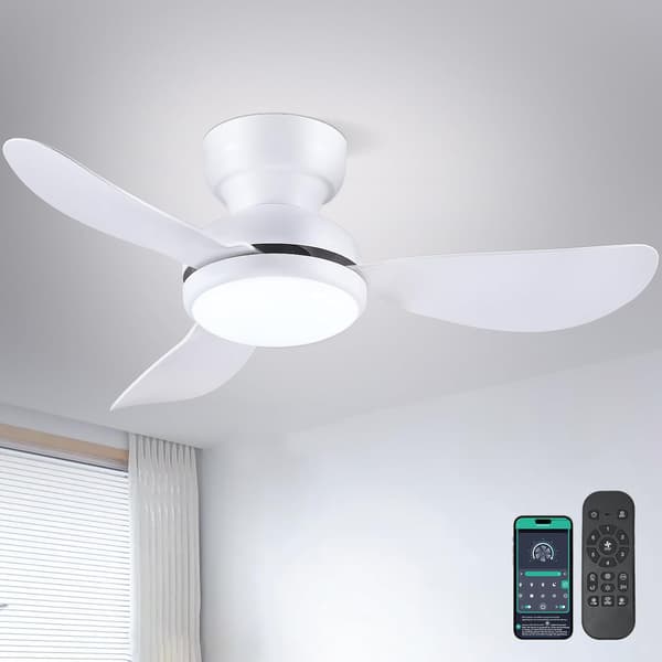 Ceiling fan with lamp 70 cm, 3 white ABS blades, remote control, 6 speeds, low profile and dimmable LED lighting White 70cm