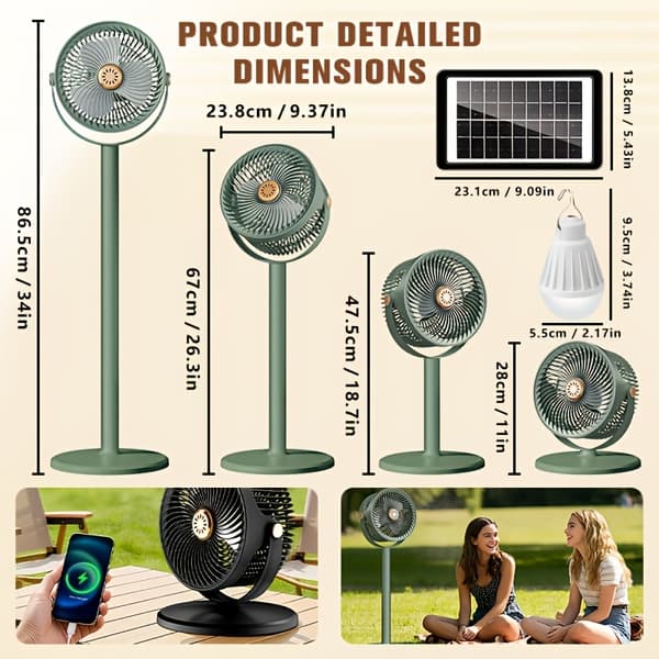 Genopladelig Solar Ventilator til Autocamper, Justerbar Højde Gulvventilator med USB-opladning og Stærk Luftstrøm Black