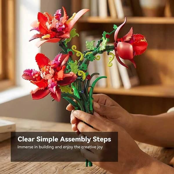 Red Flowerpot Building Set - Eternal Artificial Flower, DIY Ornament Style 2