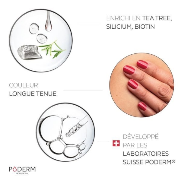 PODERM • RÖDROSA nagellack berikat med Tea Tree, Silicon och Biotin • Schweiziskt tillverkat • Händer och fötter • Speciellt för skadade naglar