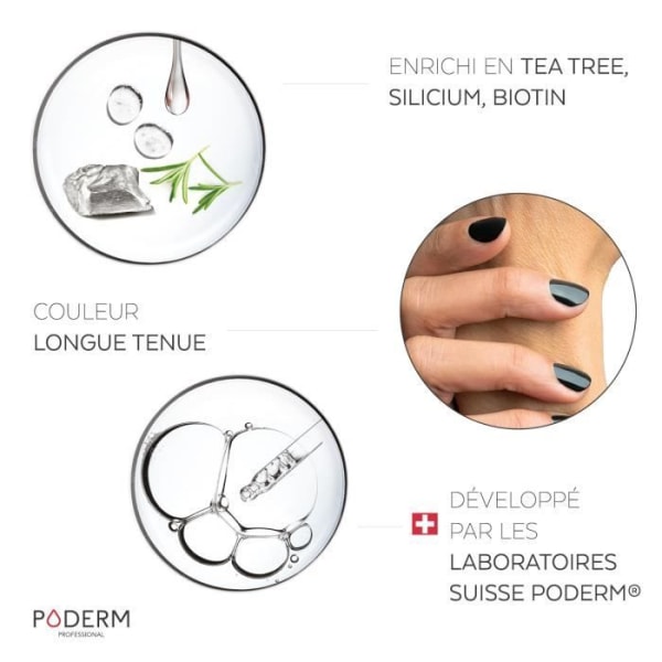 PODERM • SVART nagellack berikat med Tea Tree, Silicon och Biotin • Swiss Made • Händer &amp; Fötter • Speciellt skadade naglar