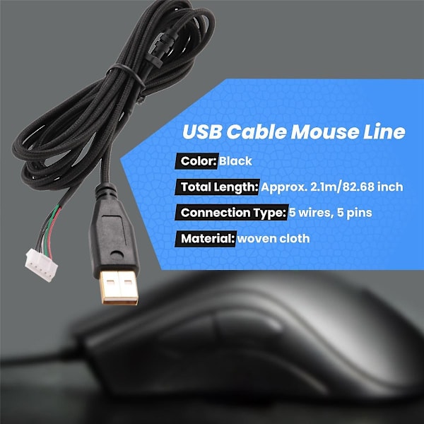 USB-kabel for DeathAdder 2013 . 2,1M 5 ledninger 5 pinner Forgylt erstatningskabel for spillmus