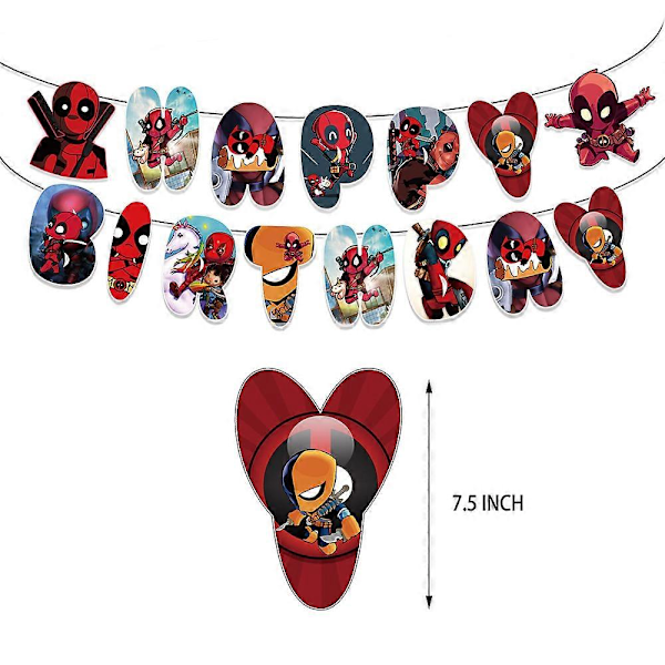 Deadpool-teemainen syntymäpäiväjuhlatarvikkeet, ilmapallot, banneri, kakku ja cupcake-koristeet