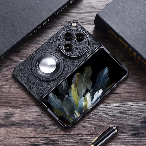 Skal för OnePlus Open med magnetisk ringhållare, Slimmad Tunn Premium Äkta Läder Fullt Skyddande Skal