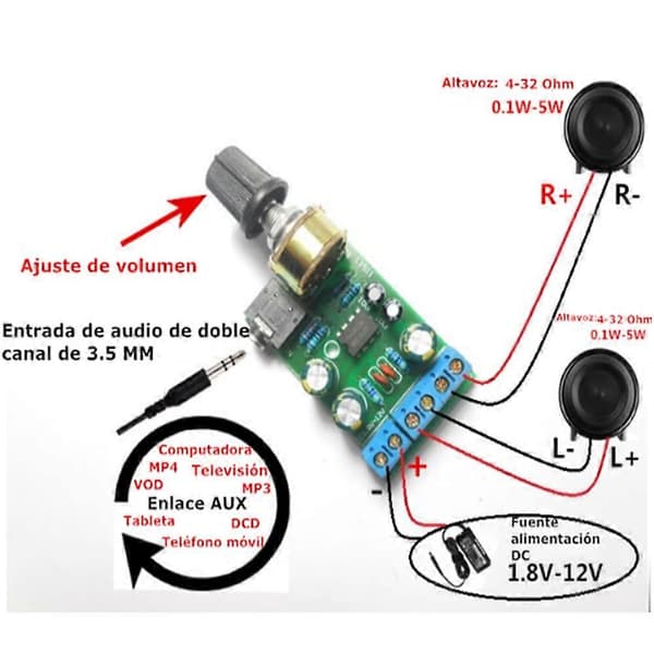 DC1.8-12V TDA2822M Lydforsterkermodul 2 Kanal AUX 3.5mm