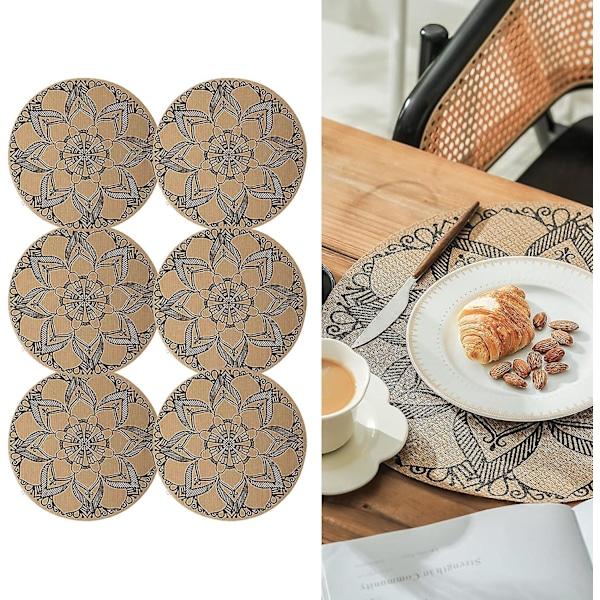 Sæt af 6 Boho PVC Runde Bordskånere til Spisebord Mandala Bordskånere Vaskbare Varmebestandige Bordskånere Jute Retro Borddekoration(a)