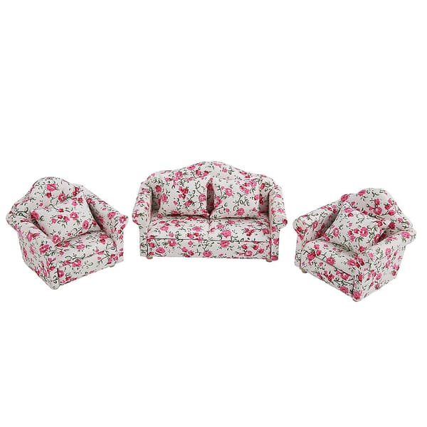 1/12 skala dockhus mini möbler soffa set med ryggkuddar - Blommönster #2