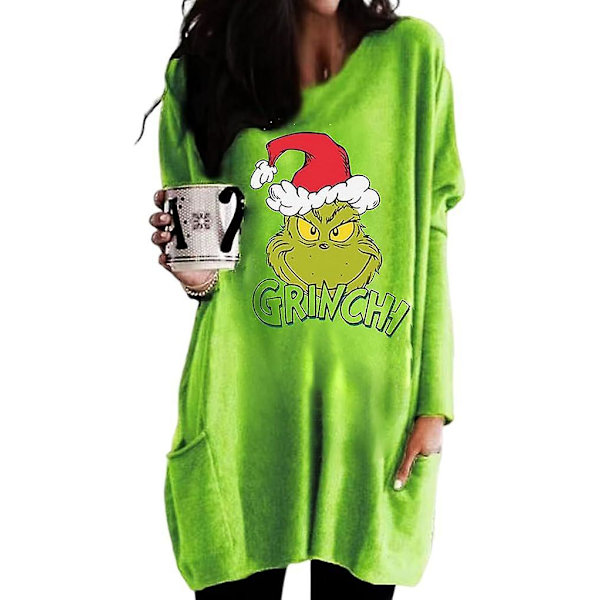 Julegenser for kvinner med Grinch-trykk, avslappet og løs, julefestgenser, lang t-skjorte, topp med lommer (Type 3)