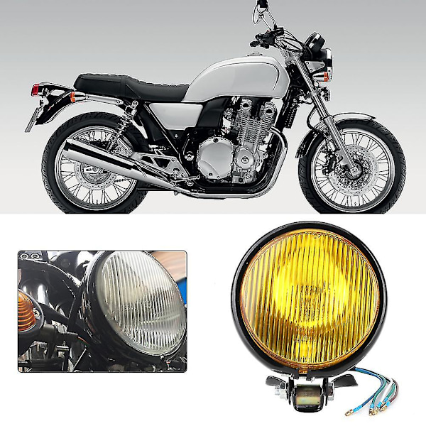 Vintage Retro Style strålkastare Universal Motorcykel strålkastare Motorcykel Modifiering Tillbehör Svart Skal Gult Glas