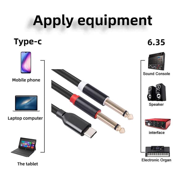 USB-C til Dobbelt 6,35 mm Audio Stereo Kabel Type-C til Dobbelt 6,35 mm Audioledning til Smartphone Multimedia