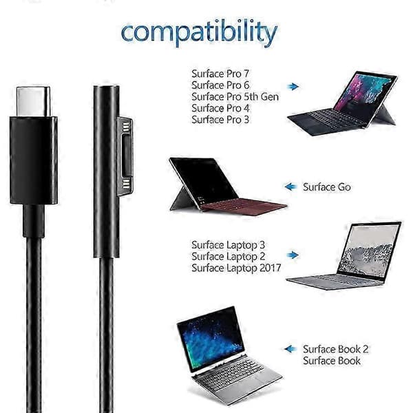 USB C-ladekabel til Surface, til Surface Pro 3/4/5/6/7, Surface Laptop 3/2/1, Surface Go