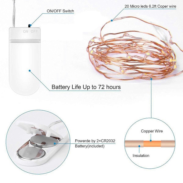 Julepynt 10 stk 1m 10LED Lys Batteridrevet Kobbertråd Dekoration Jul