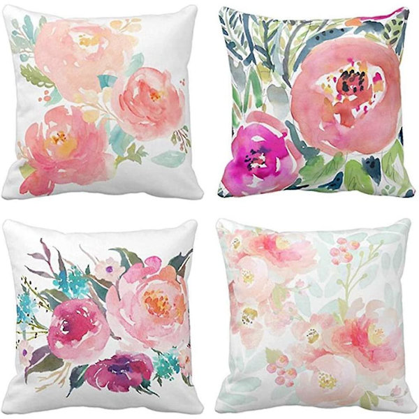 Set med 4 Kuddfodral - Pioner, Sommarakvarell, Blommig, Rosa Blomma, Flickig, Pastellmint, Färgglad, Dekorativ, Kuddfodral, Heminredning, Kvadratisk, 18x18