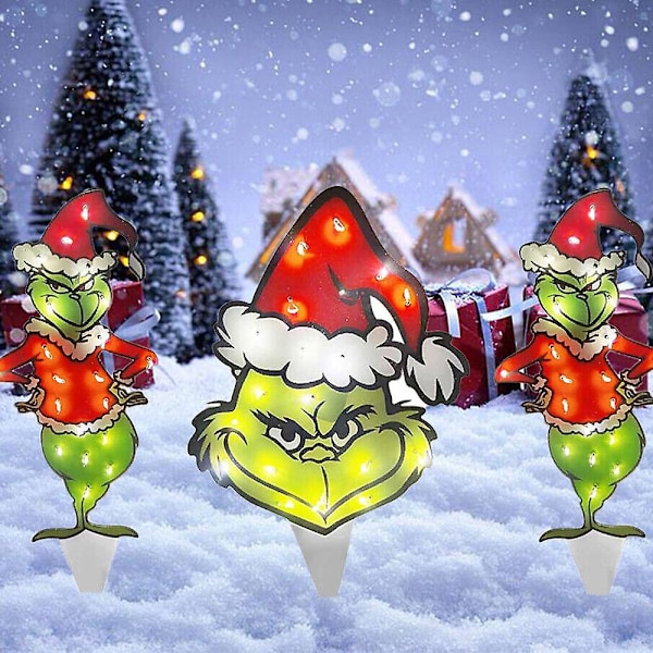 3 stk. Julelysende Grinch Figur Dekoration Juleudendørs Havegård Ornamenter