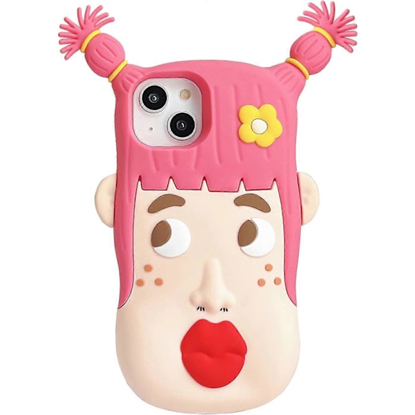 iPhone 13 Pro Max -kotelo Kawaii-puhelin kotelot, söpö 3D-piirretty vaaleanpunainen kaunis tyttö kukilla Pehmeä silikoninen iskunkestävä