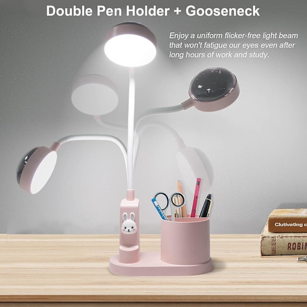 Skrivebordslampe for barn, nattlampe med pennholder, dimbar, oppladbar LED-leselampe