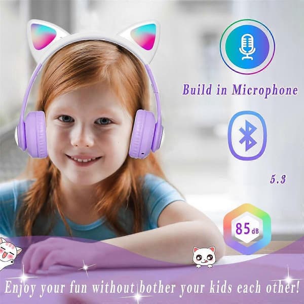Barn Bluetooth-hörlurar, Vikbara Trådlösa Hörlurar med LED-Ljus, Kattöron Spelheadset