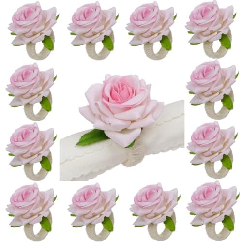 Servietringe, 48-pak serviettholder med kunstige roser, servietklemmer med juteblomster, bryllupper, babyshower, valentinsdagfester