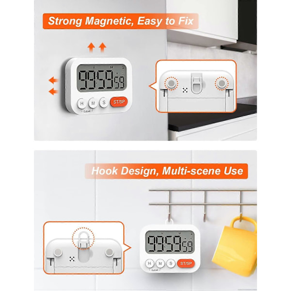 Digital Timer Äggklocka Digital Köksklocka med Klocka, Stoppur, Väckarklocka, Magnet, 3-nivåers Volym, LCD-Display för Studier, Matlagning, Sport