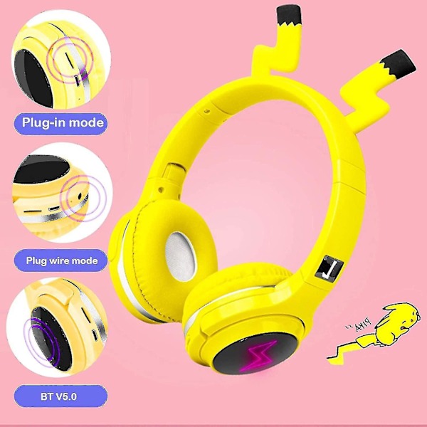 Pikachu trådlösa Bluetooth hörlurar för barn med inbyggd mikrofon och söta hörselkåpor