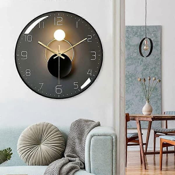 Modern Tyst Väggklocka, 30 cm Diameter Väggklocka, Rund Digital Kvarts Klocka (Svart)