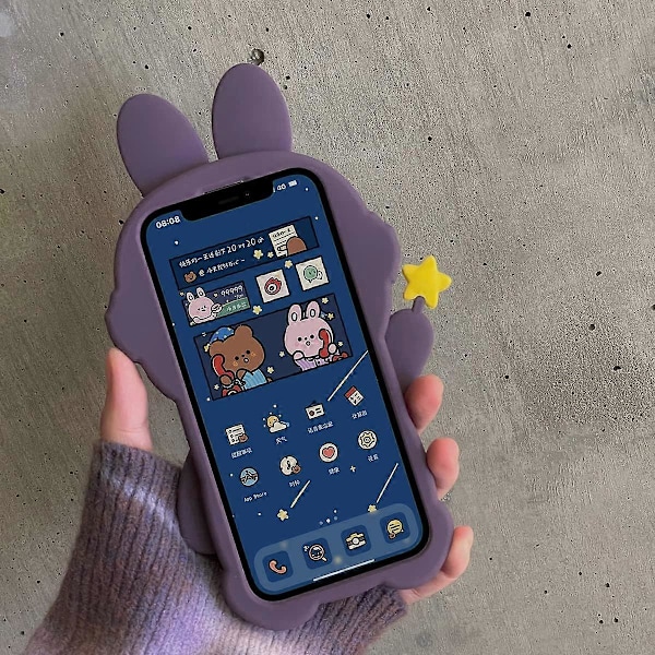 Kawaii Telefondeksel Passer til iPhone 13 Pro Max, Søt 3D Tegneserie Kanin Telefondeksel Mykt Silikon Morsomt Lilla Kanin Etui for Kvinner Jenter