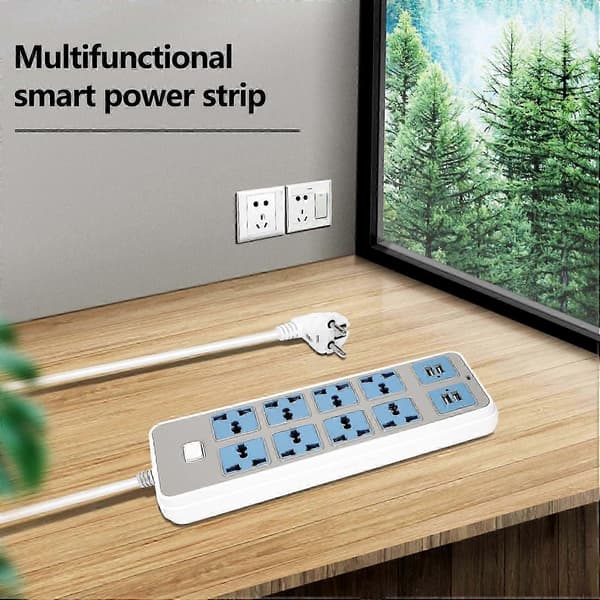 Grenuttak med 4 USB-uttak, 3000W effekt, 8 universelle uttak, 2 meter strømledning, EU-plugg
