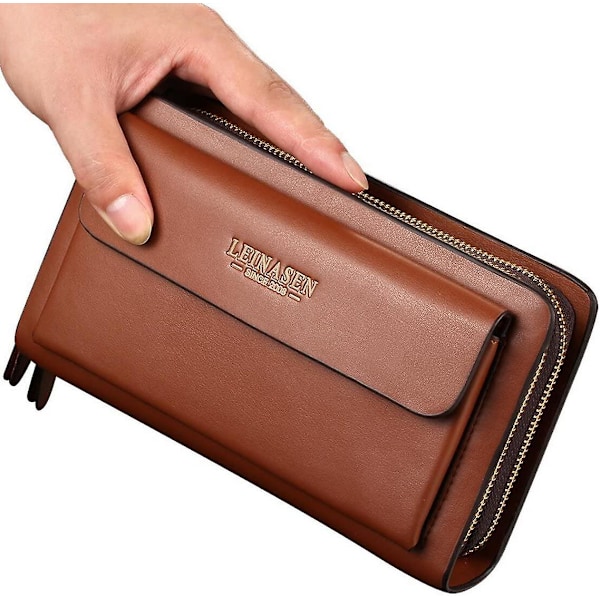 Herre Clutch Bag Lommebok Stor Kapasitet Forretnings Lær Lommebok Dobbel Glidelås Lang Pung
