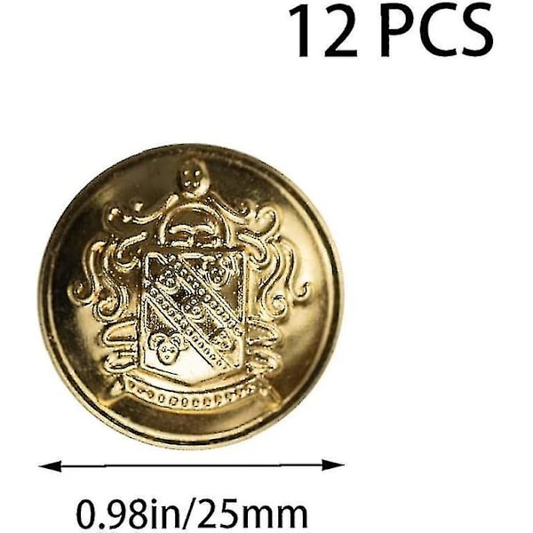 12 kpl Messinki Blazer-painikkeiden sarja 25 mm 3D Vintage Kultaiset Painikkeet Blazereille, Pukuille, Urheilutakeille, Yhtenäisille ja Takeille (kulta) Alx  (dp)