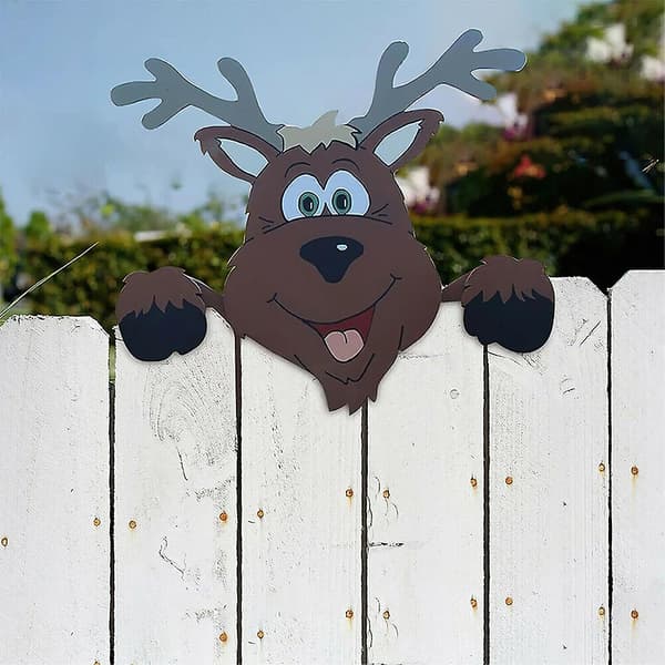 Julepynt til haven - Grinch, julemanden og elgen kigger over hegnet - festlig dekoration til haven