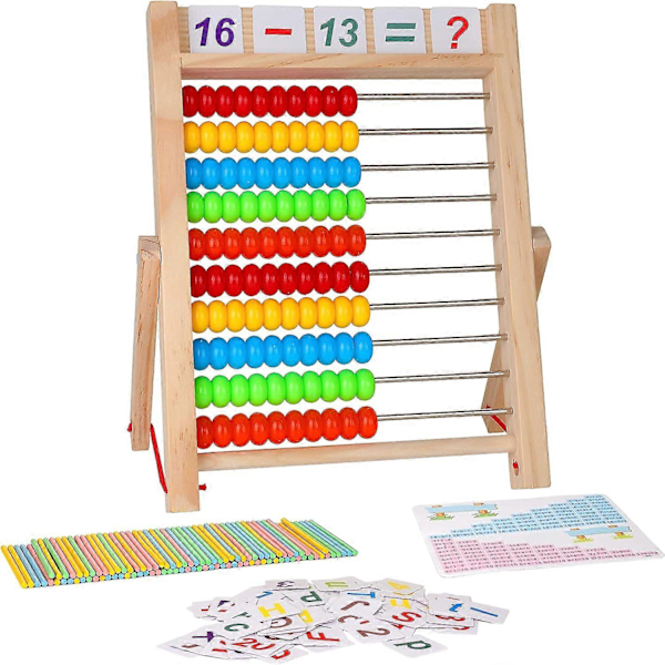 Læringslegetøj til børn, 10-rækkers træramme-kugleramme med flerfarvede perler, tællestave, tal-alfabetkort, manipulerende matematikberegningsværktøj Presc