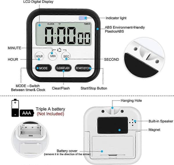 Digital Visuell Timer 24-Timer Magnetisk Klokkestoppklokke Opptelling & Nedtelling Timer med Stor LCD-Skjermvisning Store Siffer