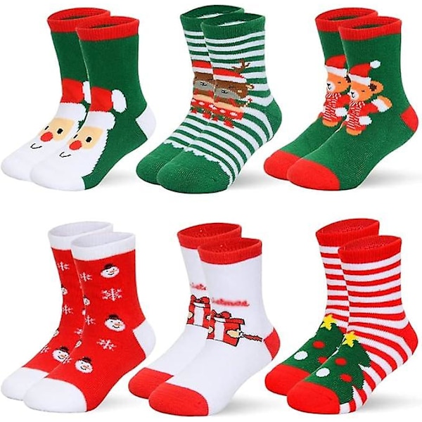 6 par barnstrumpor med julmotiv, vintervarma, söta, supermjuka bomullsstrumpor med luddig stickning och jultryck för flickor och pojkar